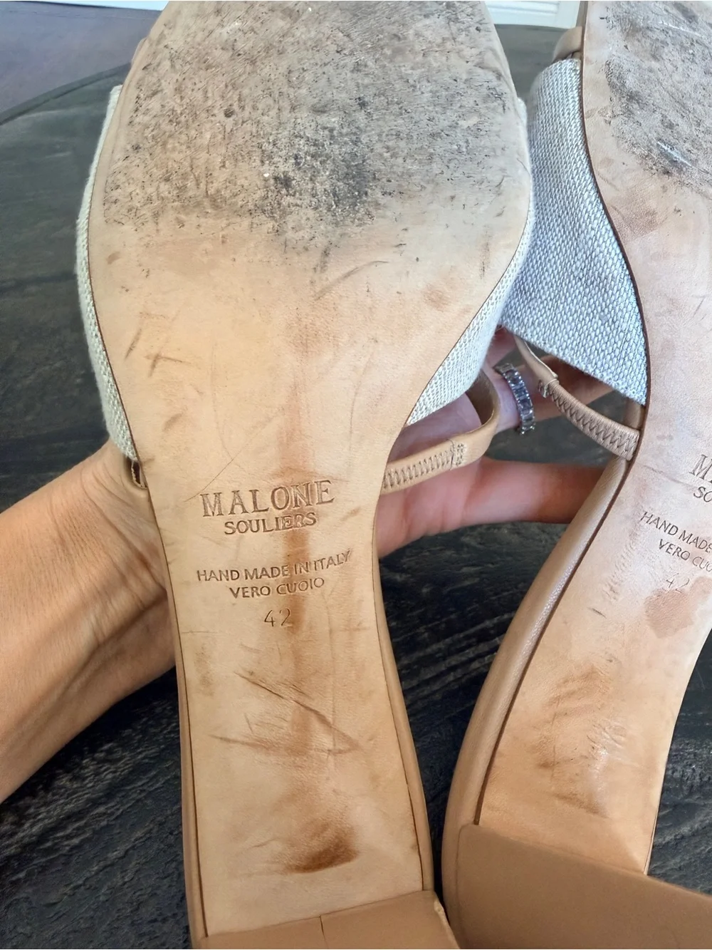 Malone Souliers Demi Linen & Tan Block Heel Mule Slide 42